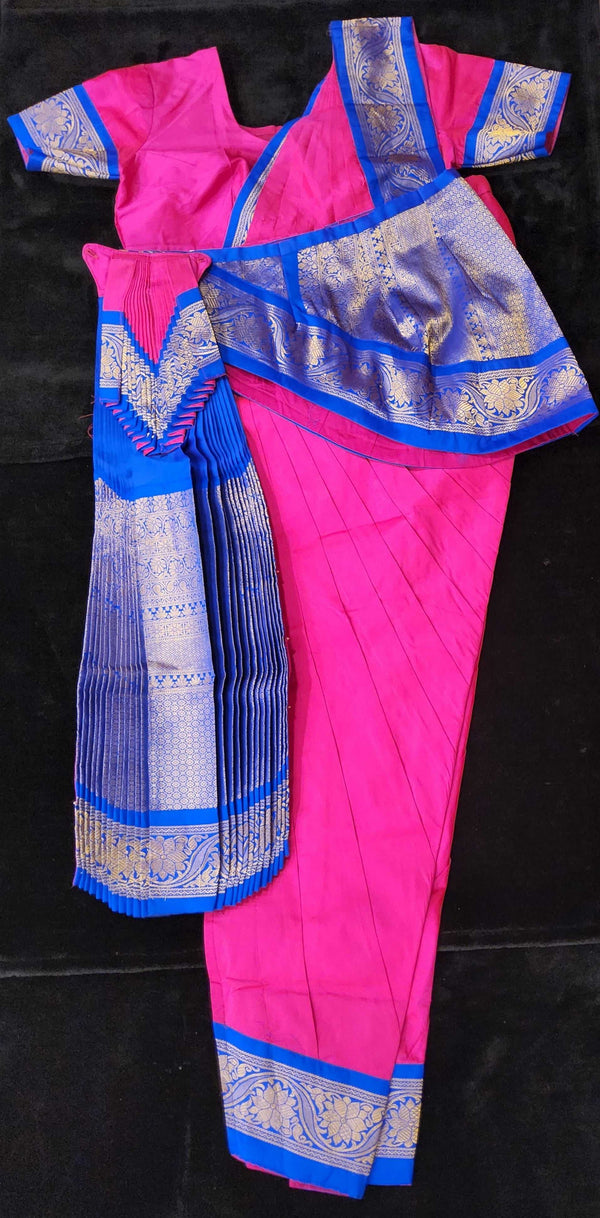 Bharatnatyam Dress | Pink with Blue | Silk cotton with Kanchipuram Border | Readymade Dance Costume