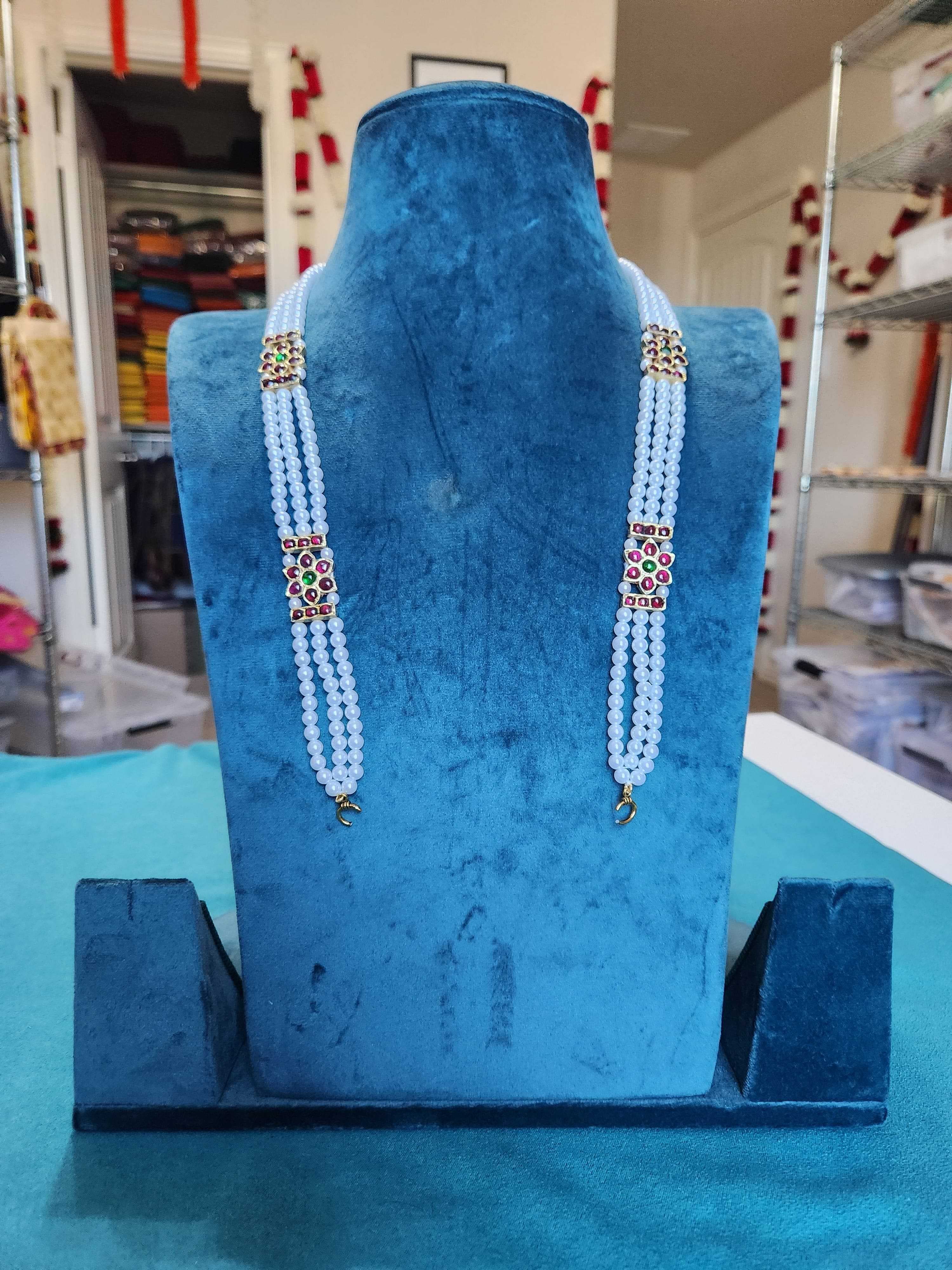 3 Line Pearl Haram Red & Green Kemp stones | Original Temple Jewellery