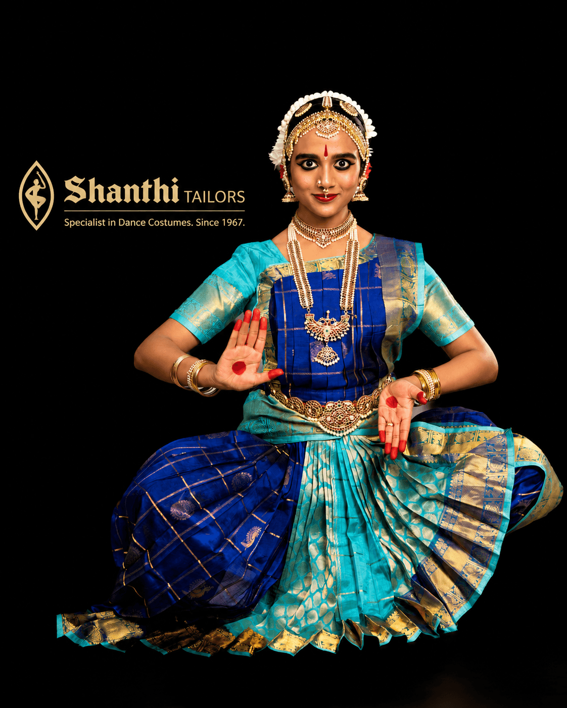 Full view, authentic silk bharatanatyam dress, Dhothi style, custom tailored dance costume