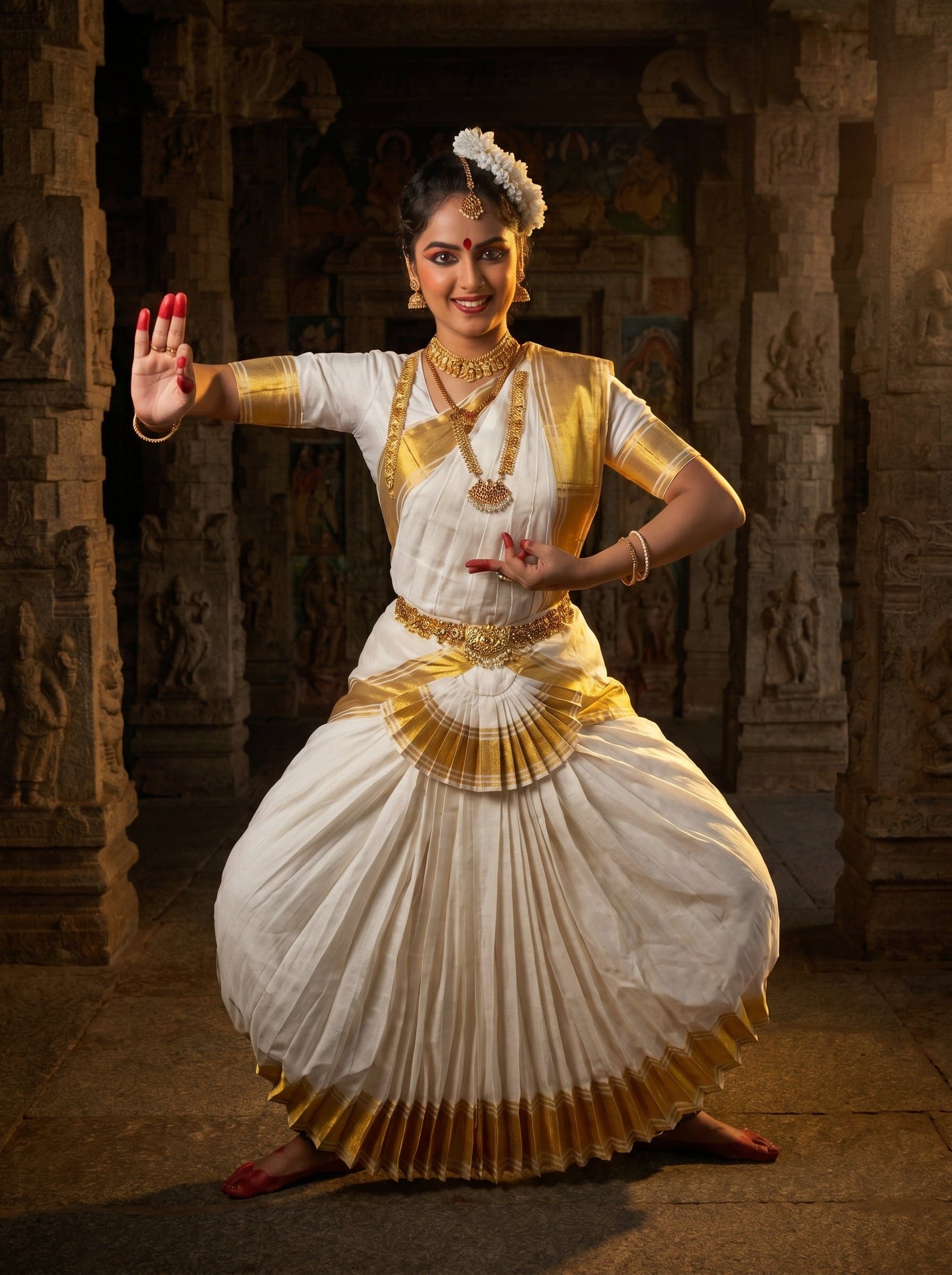 Mohiniattam dance costume detail, authentic silk with gold border. Kerala dance costumes.