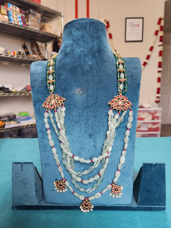 Green Cross Beads Pearl Long Haram | Original Temple Jewelry