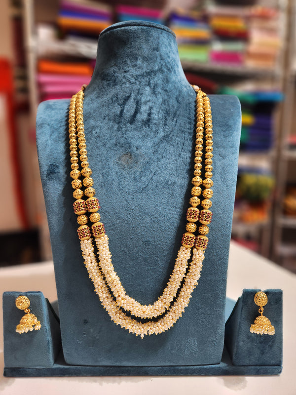 2 Line Pearl & Gold Chain & Earing | Fashion Jewelry