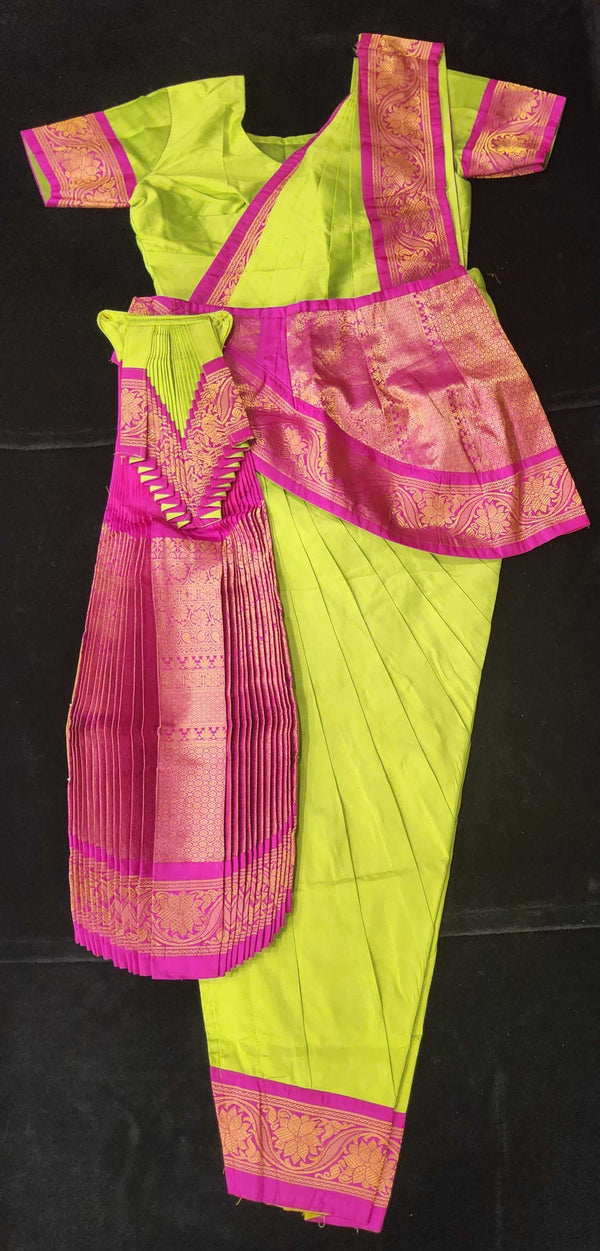 Bharatnatyam Dress | Sneha Green with Pink | Silk cotton with Kanchipuram Border | Readymade Dance Costume