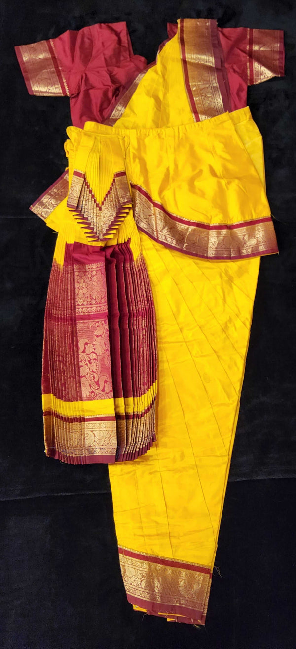 Bharatnatyam Dress | Yellow with Maroon | Dharmavaram Silk | Readymade Dance Costume