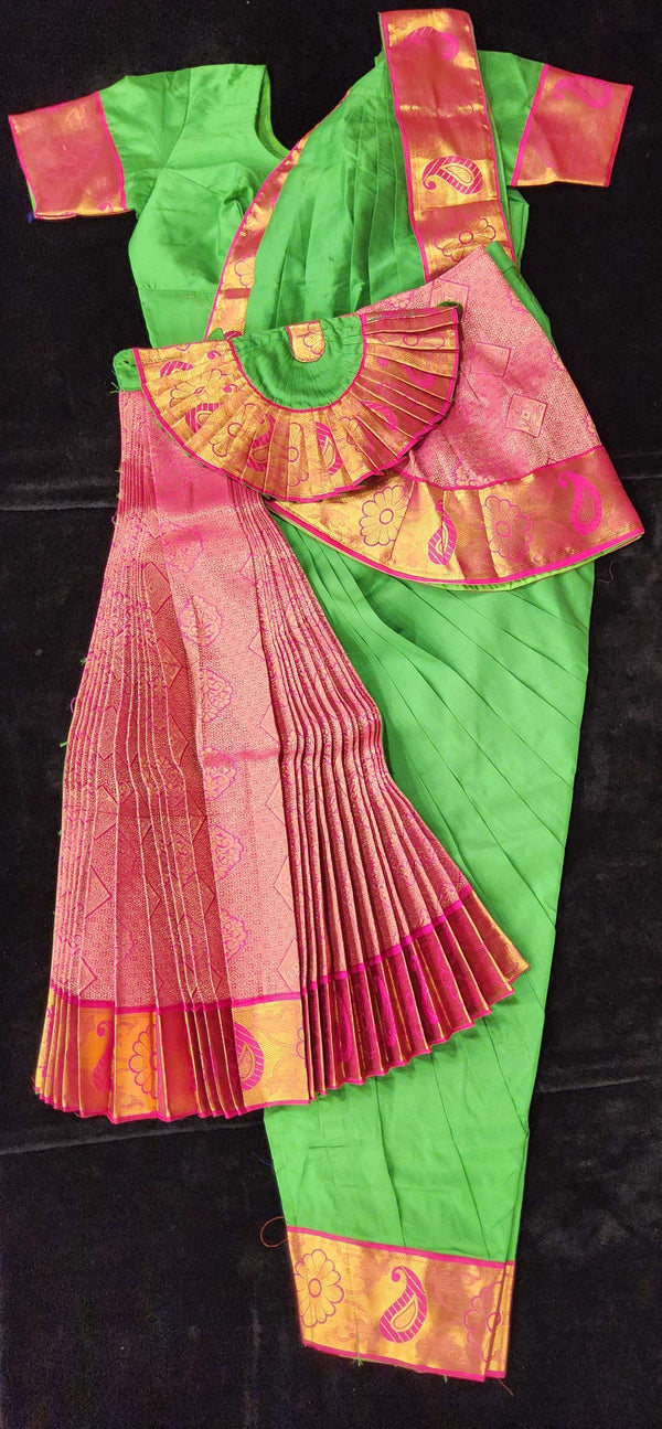 Bharatnatyam Dress | Parrot Green with Pink | Silk cotton with contrast Border | Readymade Dance Costume