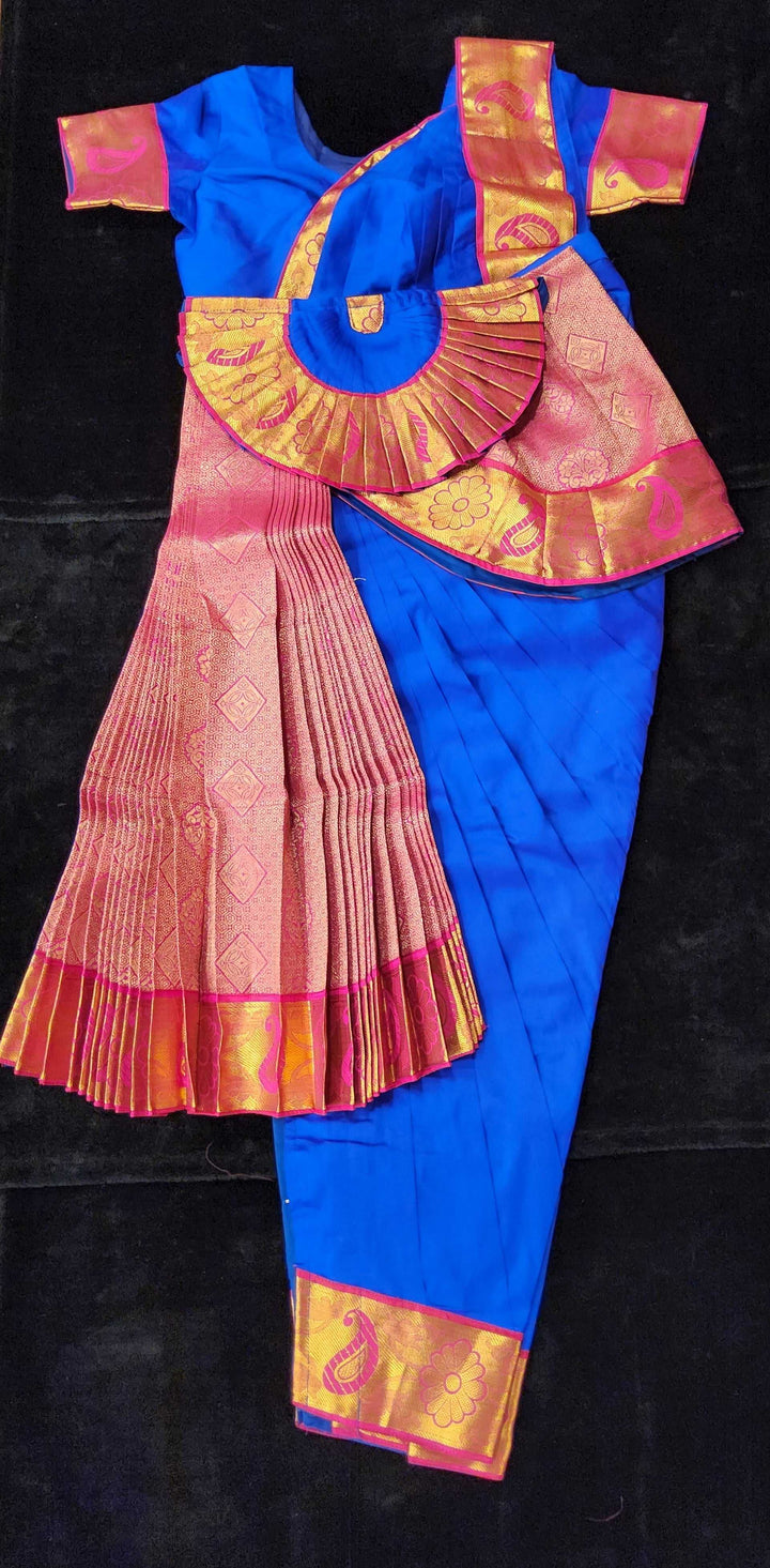 Bharatnatyam Dress | Peacock Blue with Pink | Silk cotton with contrast Border | Readymade Dance Costume