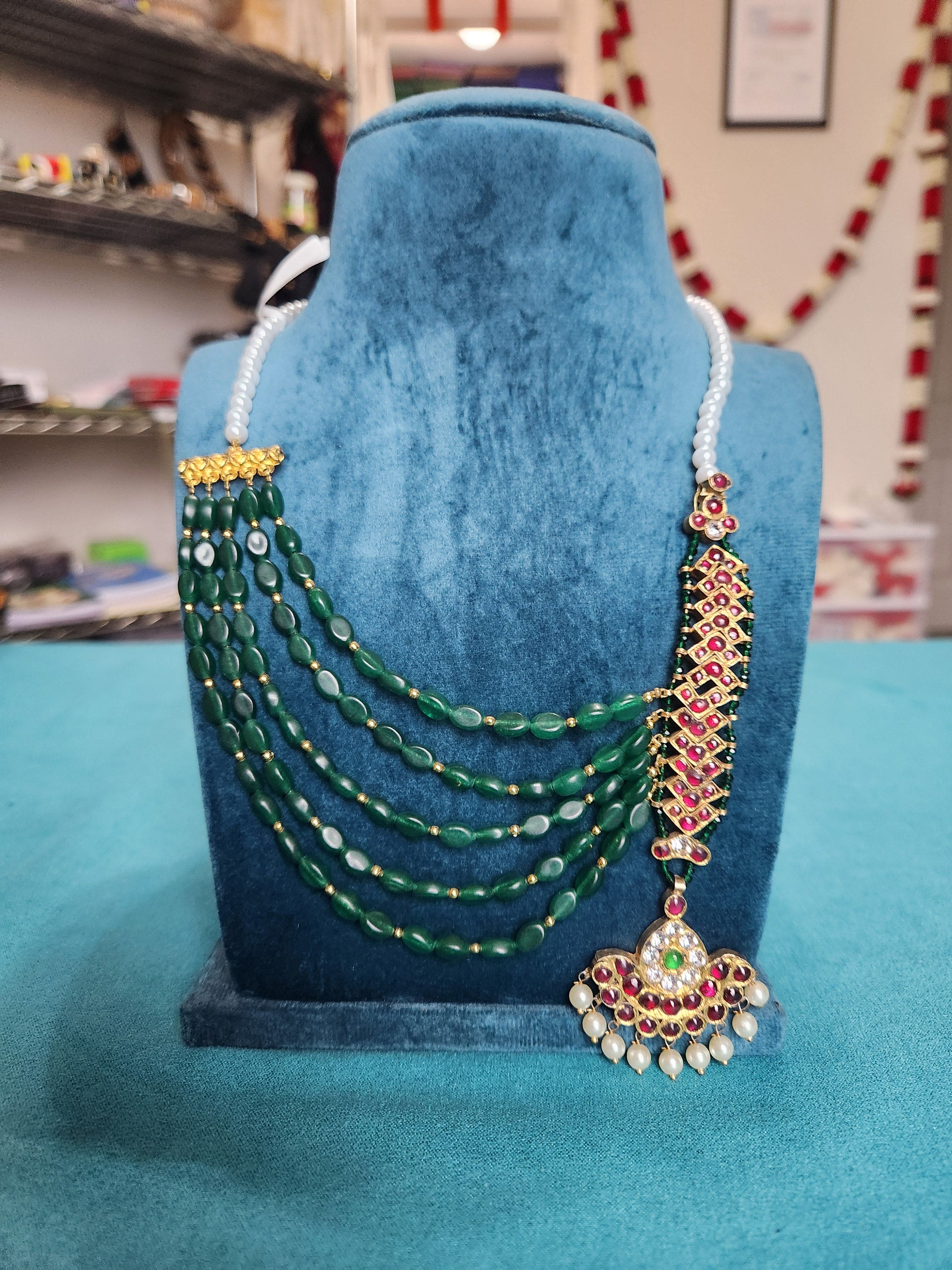 Green Cross Beads Pearl Haram | Original Temple Jewelry | Shanthi